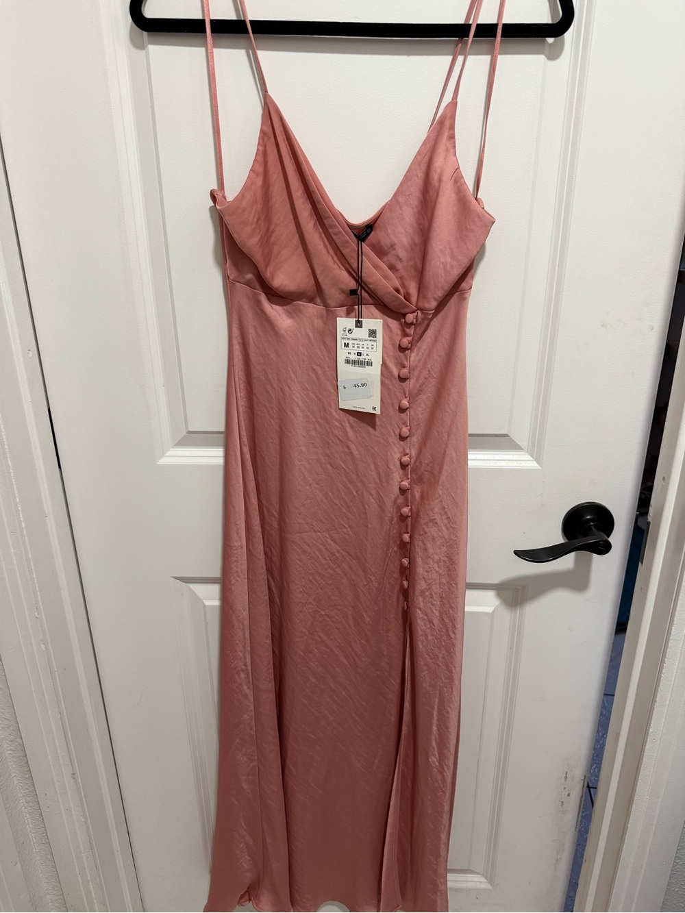 ZARA Pink Satin Slip Dress with Button Detail
